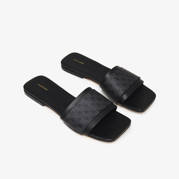 Anine Bing - Ria Slides in Black Monogram Print Size 38 New - Picture 3 of 7